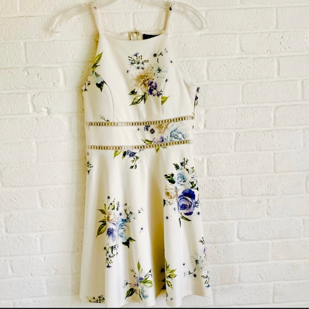 TRIXXI White Floral Halter Dress Small A-Line Fit & Flare Cottagecore Coquette